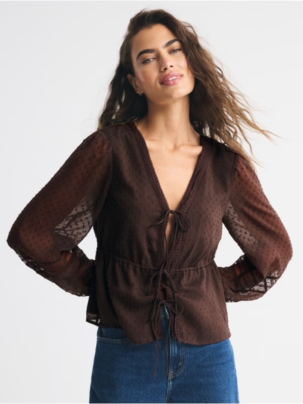 Abercrombie & Fitch Long Sleeve Tie Front Top in Dark Coffee